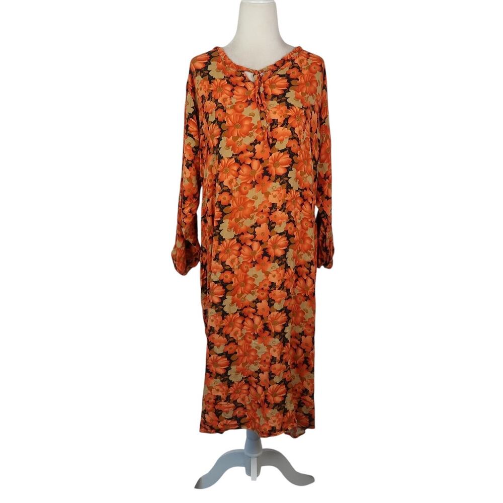 Vintage Orange Floral Print Long Sleeve Flowy Midi Dress L